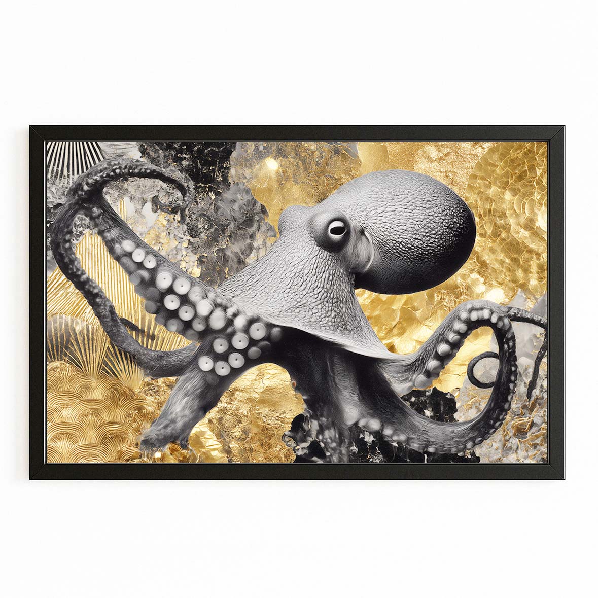 Gold Foil Shadow Octopus Canvas – with Premium Black frame on white background