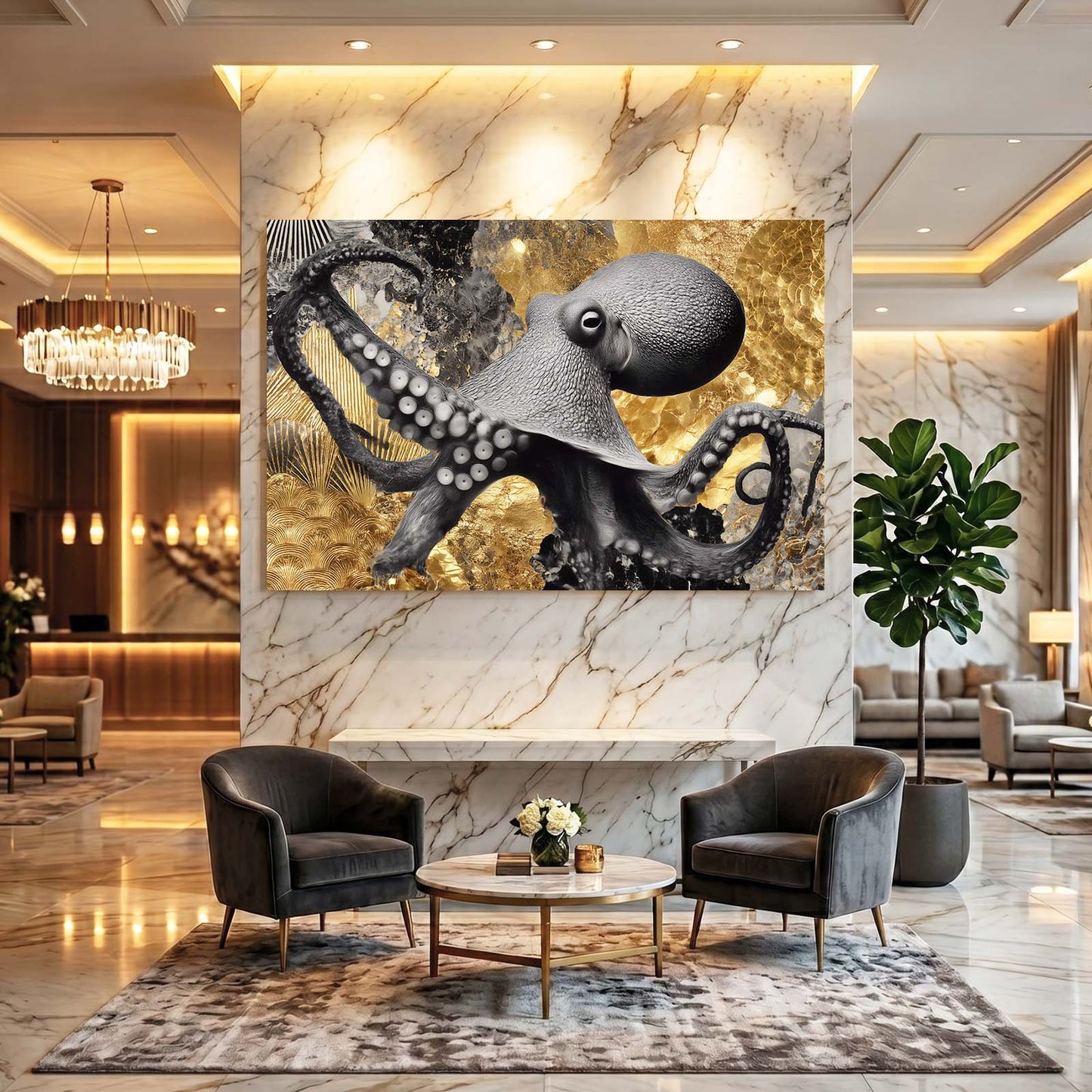 Gold Foil Shadow Octopus Canvas – styled in a furnished interior