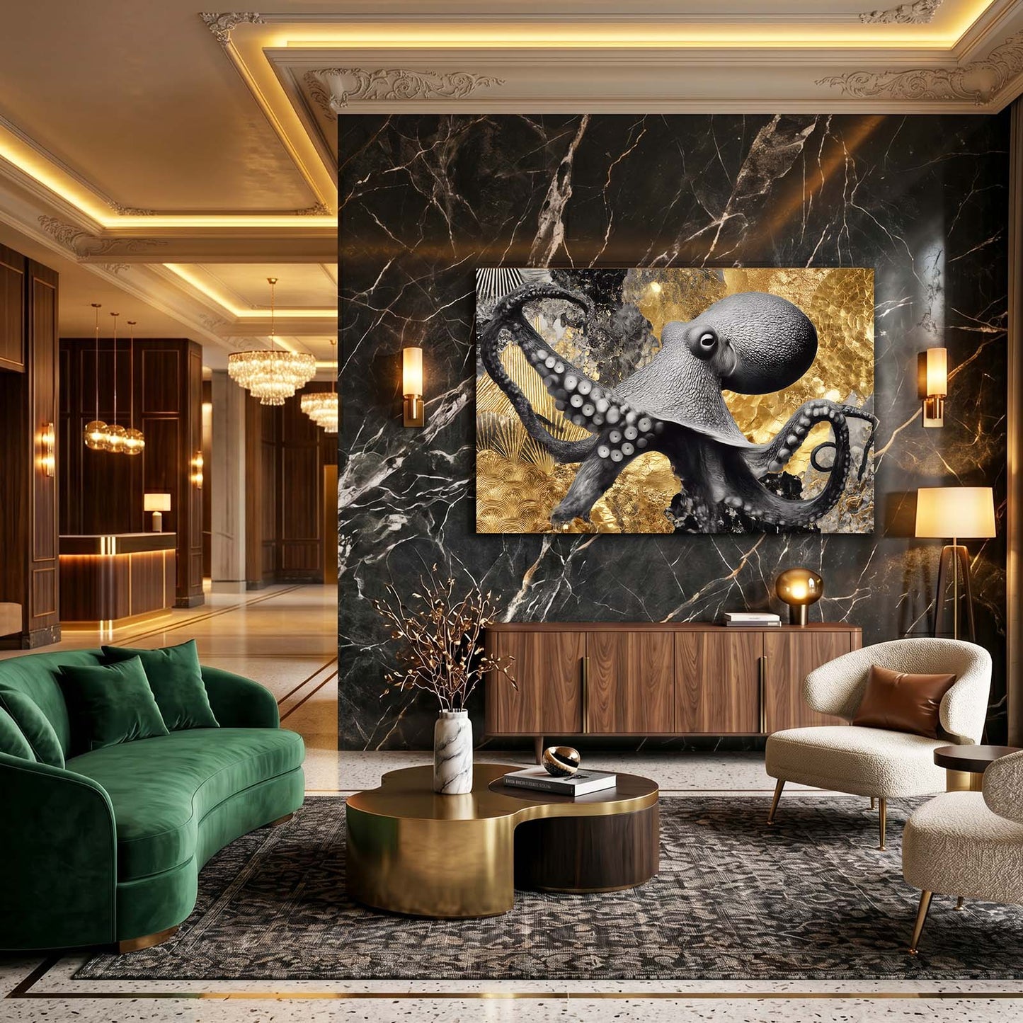Gold Foil Shadow Octopus Canvas – styled in a furnished interior