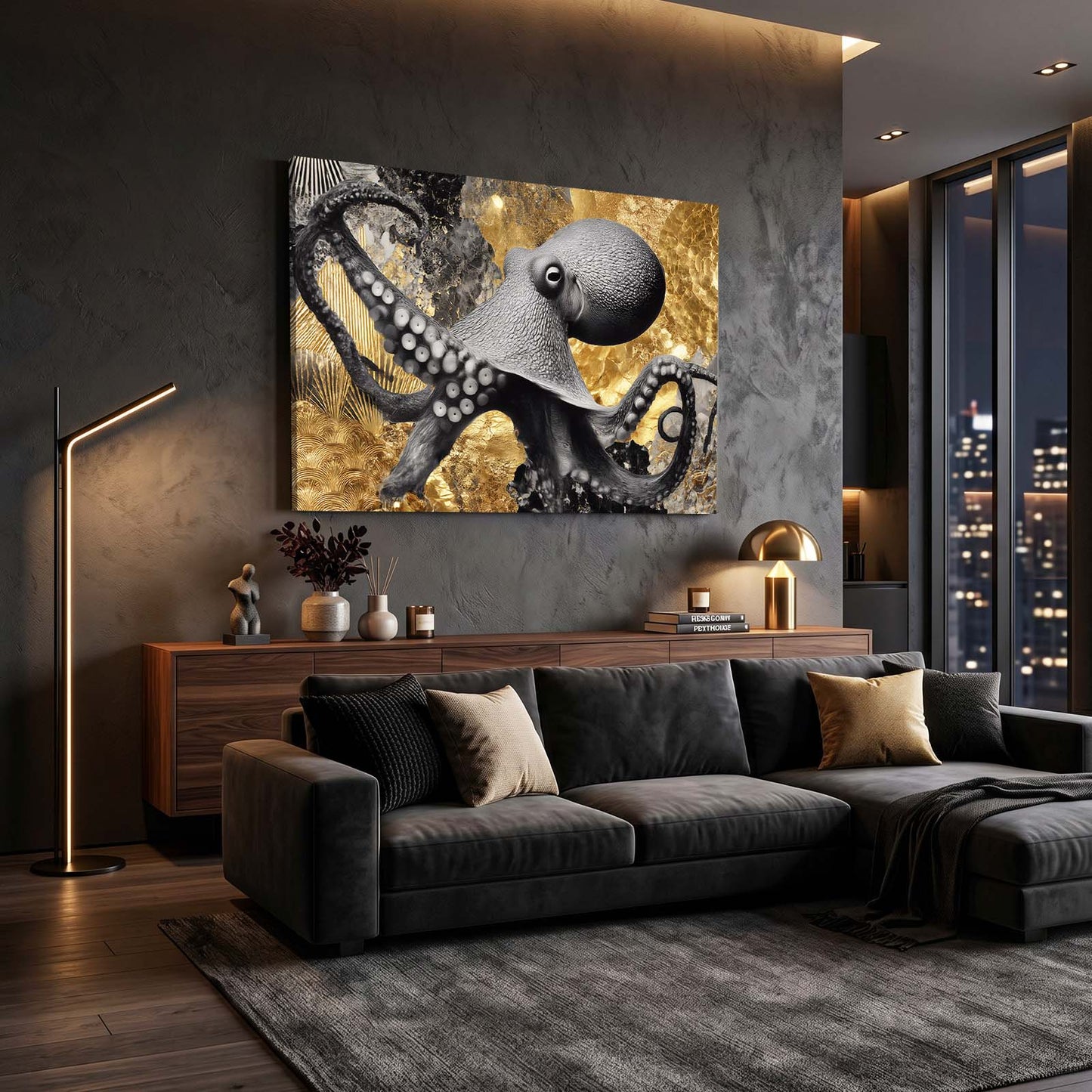 Gold Foil Shadow Octopus Canvas – styled in a furnished interior
