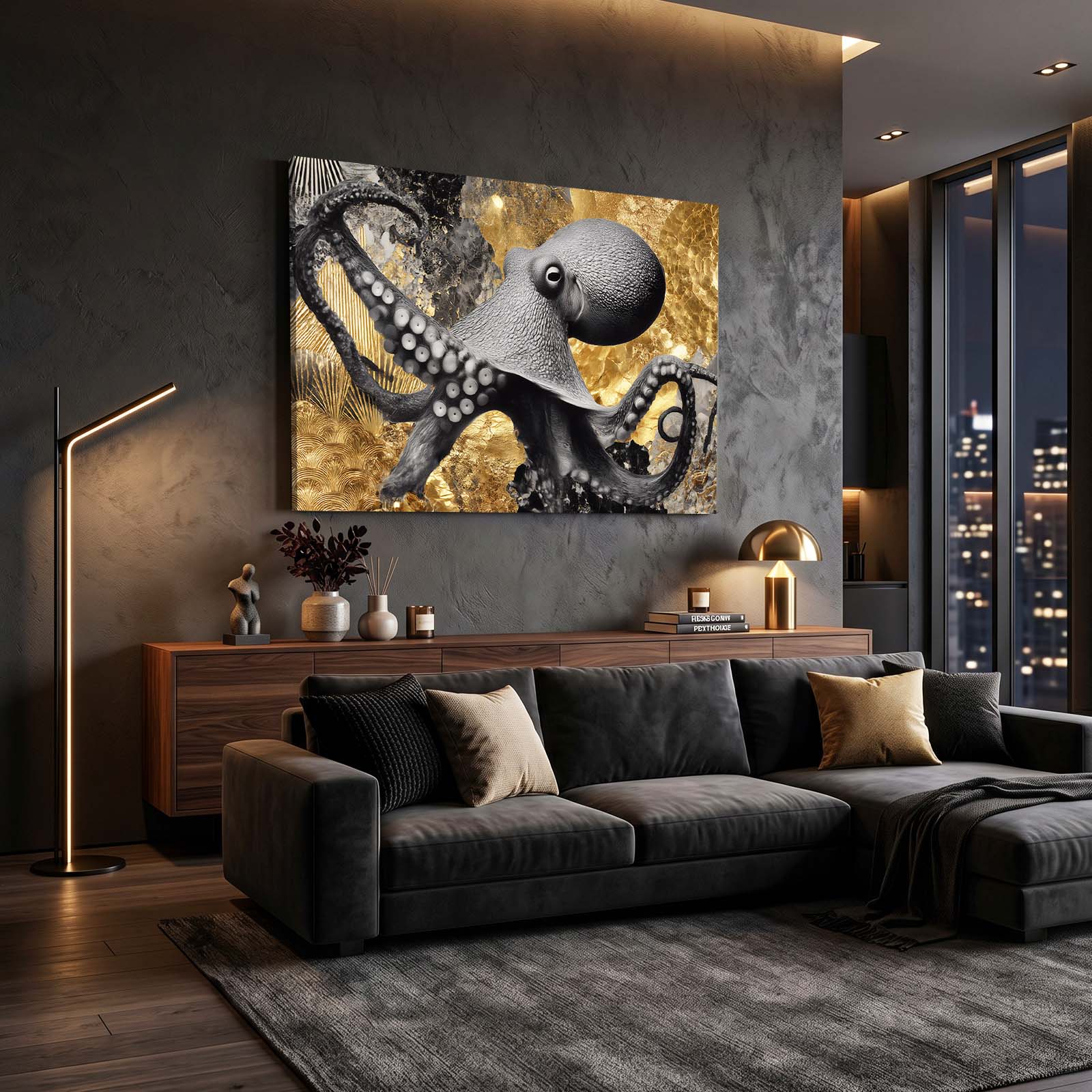 Gold Foil Shadow Octopus Canvas – styled in a furnished interior