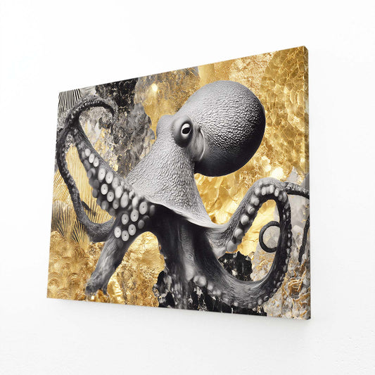 Gold Foil Shadow Octopus Canvas – angled canvas view on white background