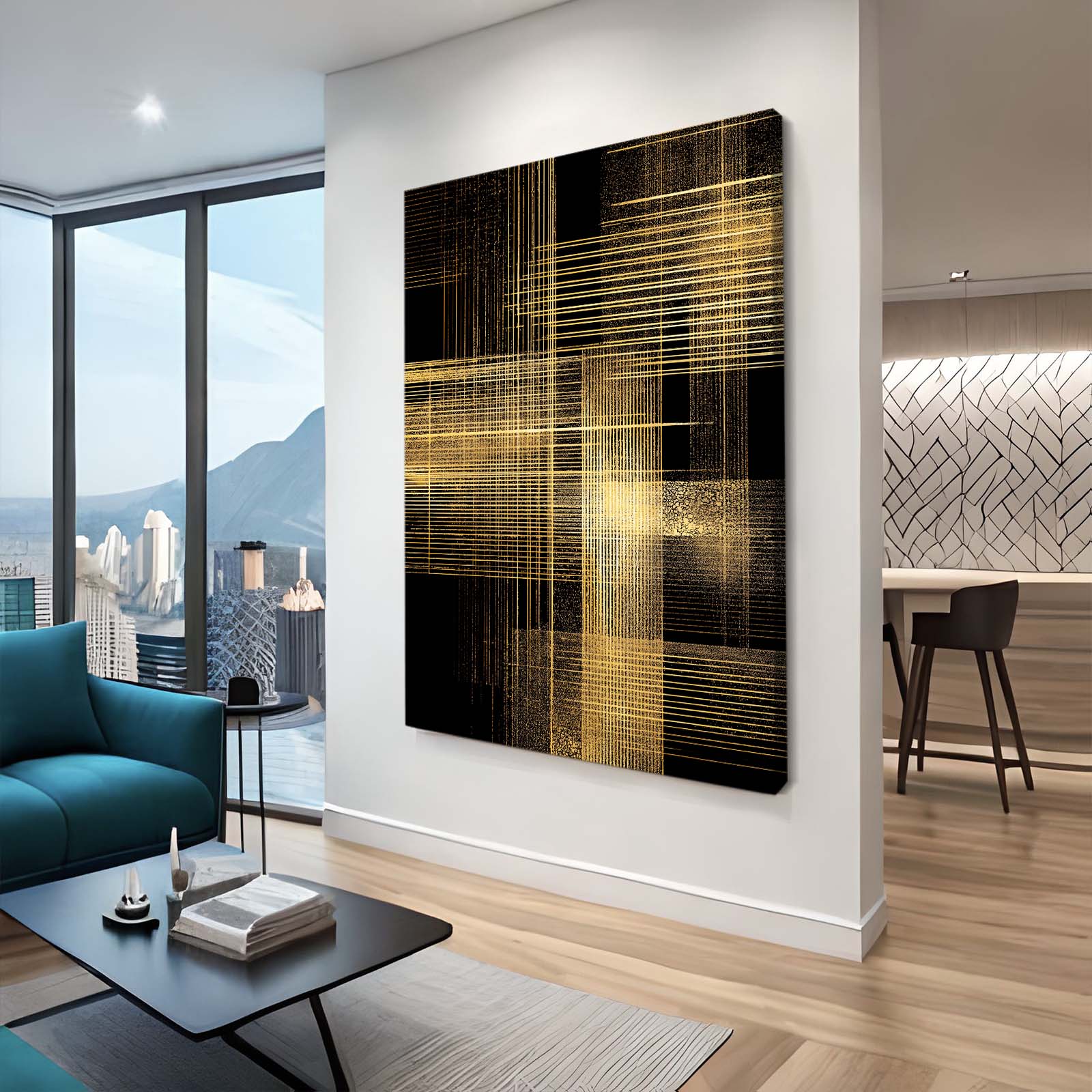 Gold Grid Weave Canvas – styled in a furnished interior