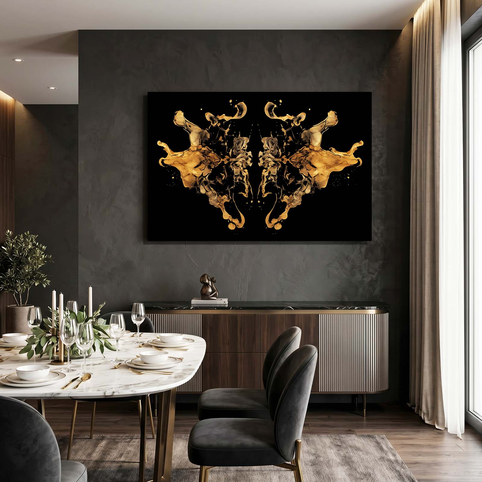 Gold Ink Symmetry Canvas Art – styled in a furnished interior