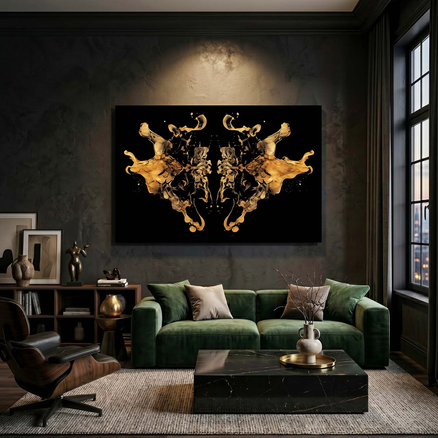 Gold Ink Symmetry Canvas Art – styled in a furnished interior