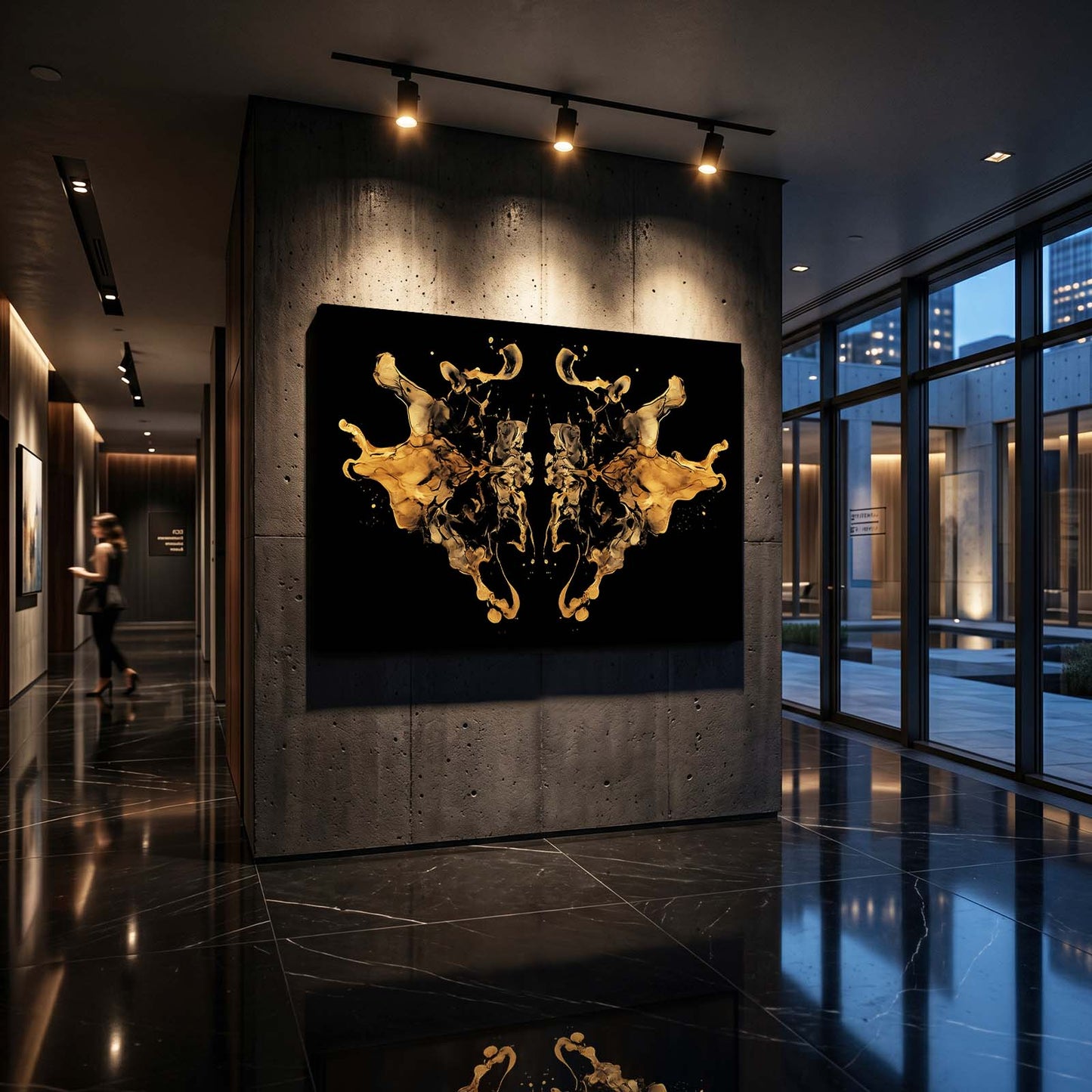 Gold Ink Symmetry Canvas Art – styled in a furnished interior