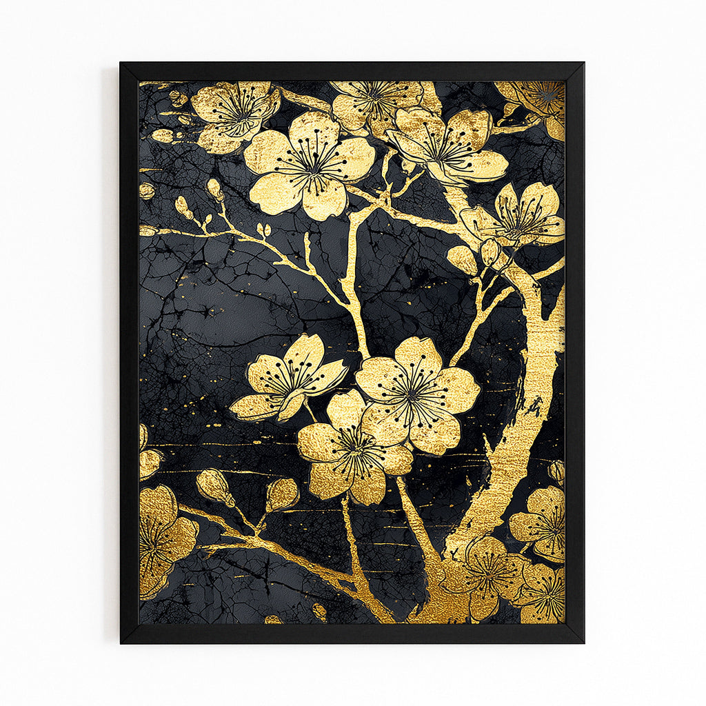 Gold Leaf Blooms Cherry Blossom Prints – with Premium Black frame on white background