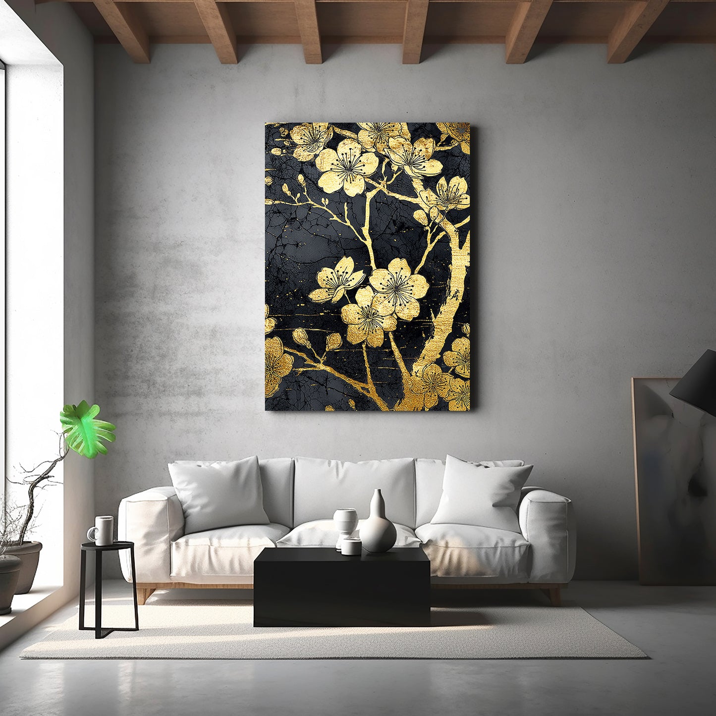 Gold Leaf Blooms Cherry Blossom Prints – styled in a furnished interior