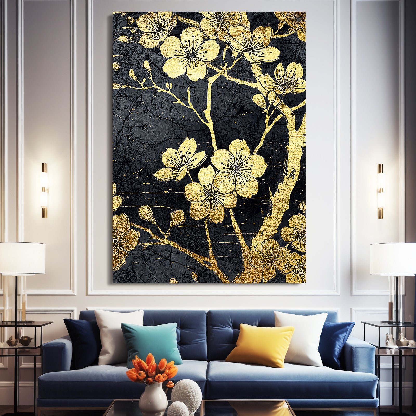 Gold Leaf Blooms Cherry Blossom Prints – styled in a furnished interior