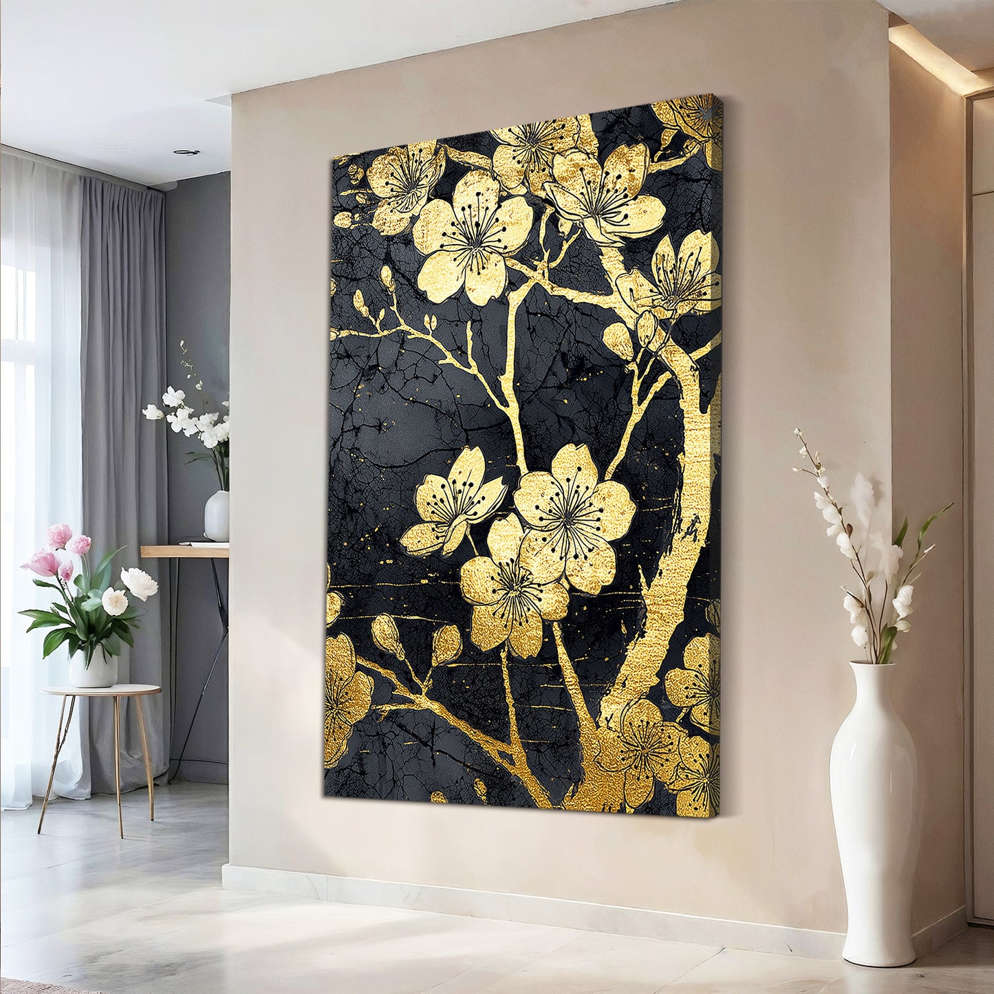Gold Leaf Blooms Cherry Blossom Prints – styled in a furnished interior