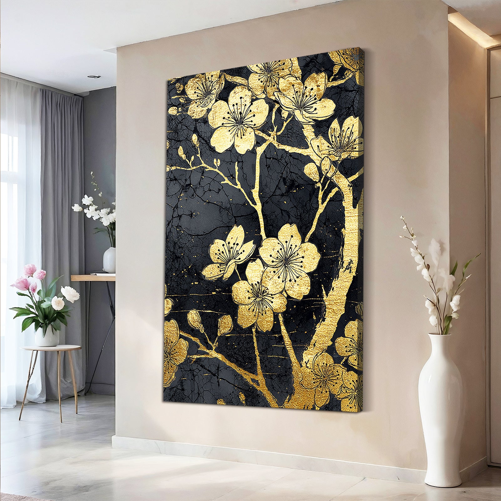 Gold Leaf Blooms Cherry Blossom Prints – styled in a furnished interior