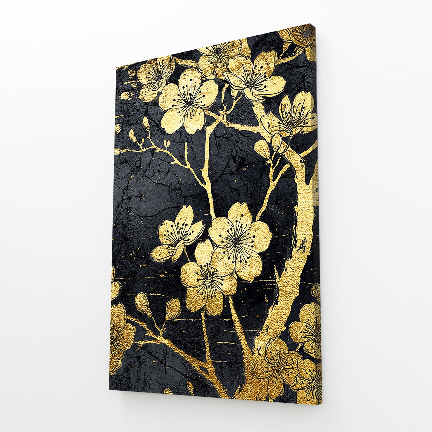 Gold Leaf Blooms Cherry Blossom Prints – angled canvas view on white background