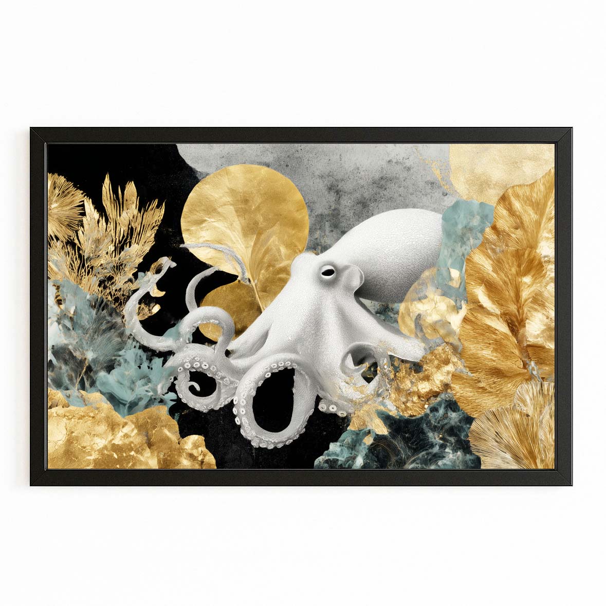 Gold Leaf Reef Octopus Canvas – with Premium Black frame on white background