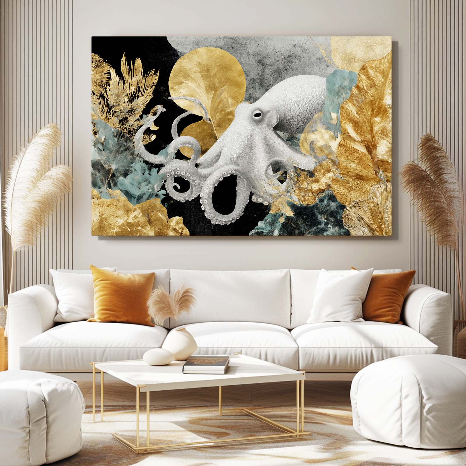 Gold Leaf Reef Octopus Canvas – styled in a furnished interior