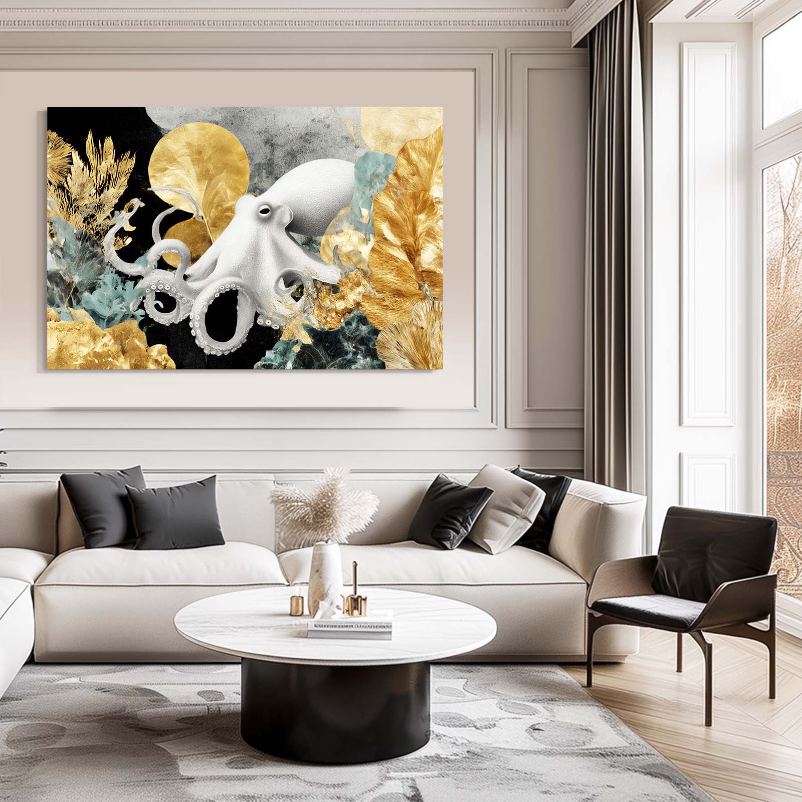 Gold Leaf Reef Octopus Canvas – styled in a furnished interior