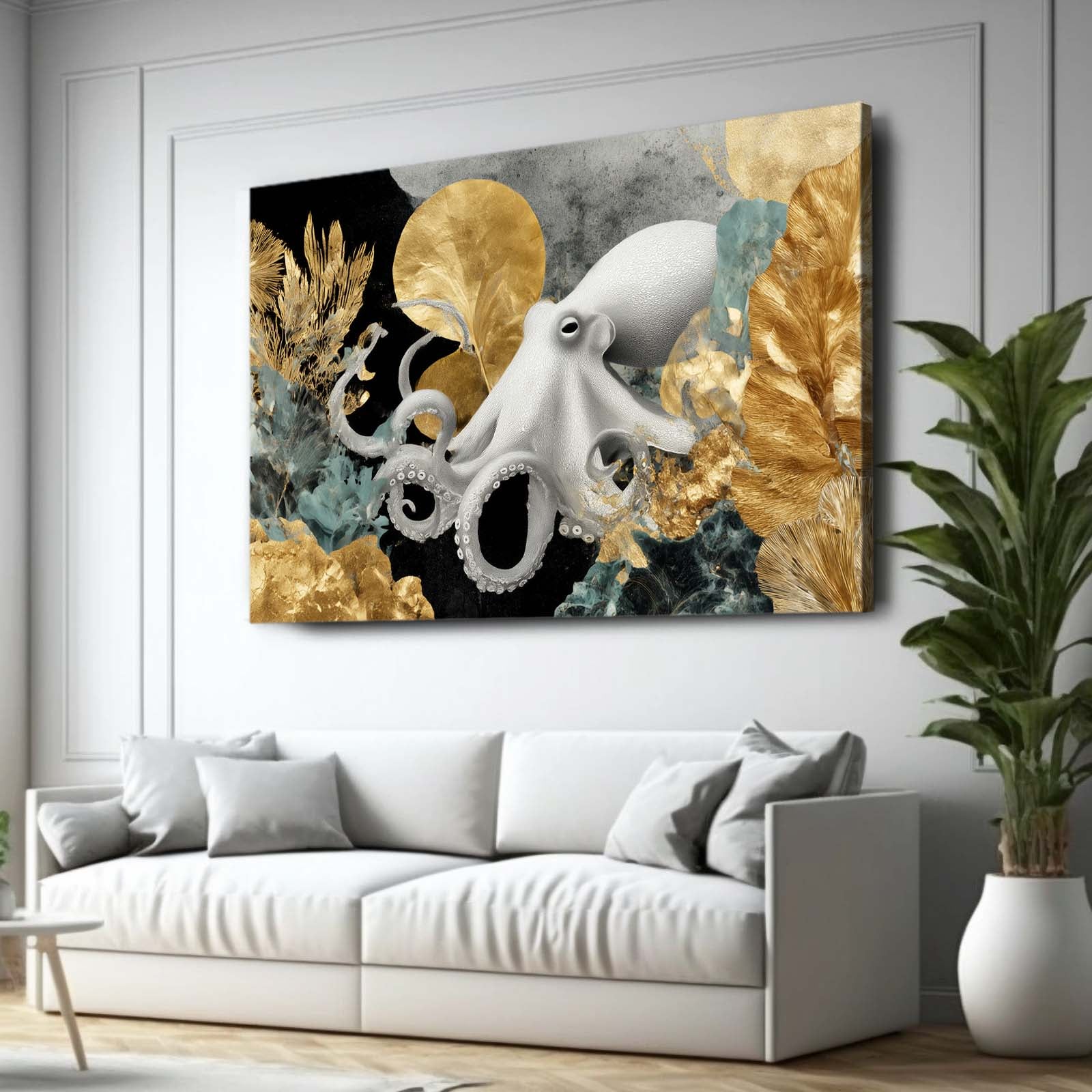 Gold Leaf Reef Octopus Canvas – styled in a furnished interior
