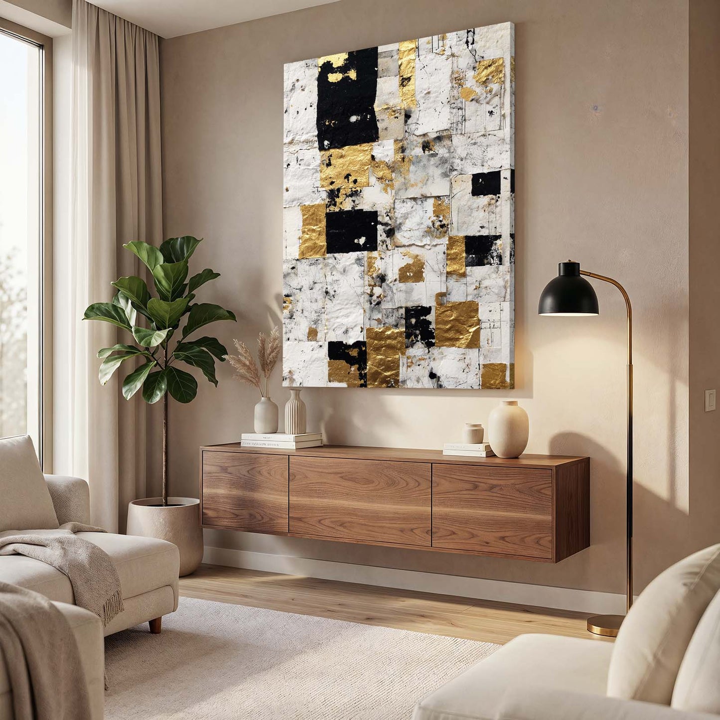 Gold Leaf Squares Chess Canvas Art – styled in a furnished interior