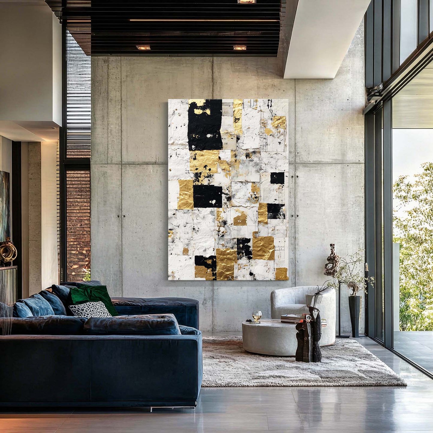Gold Leaf Squares Chess Canvas Art – styled in a furnished interior