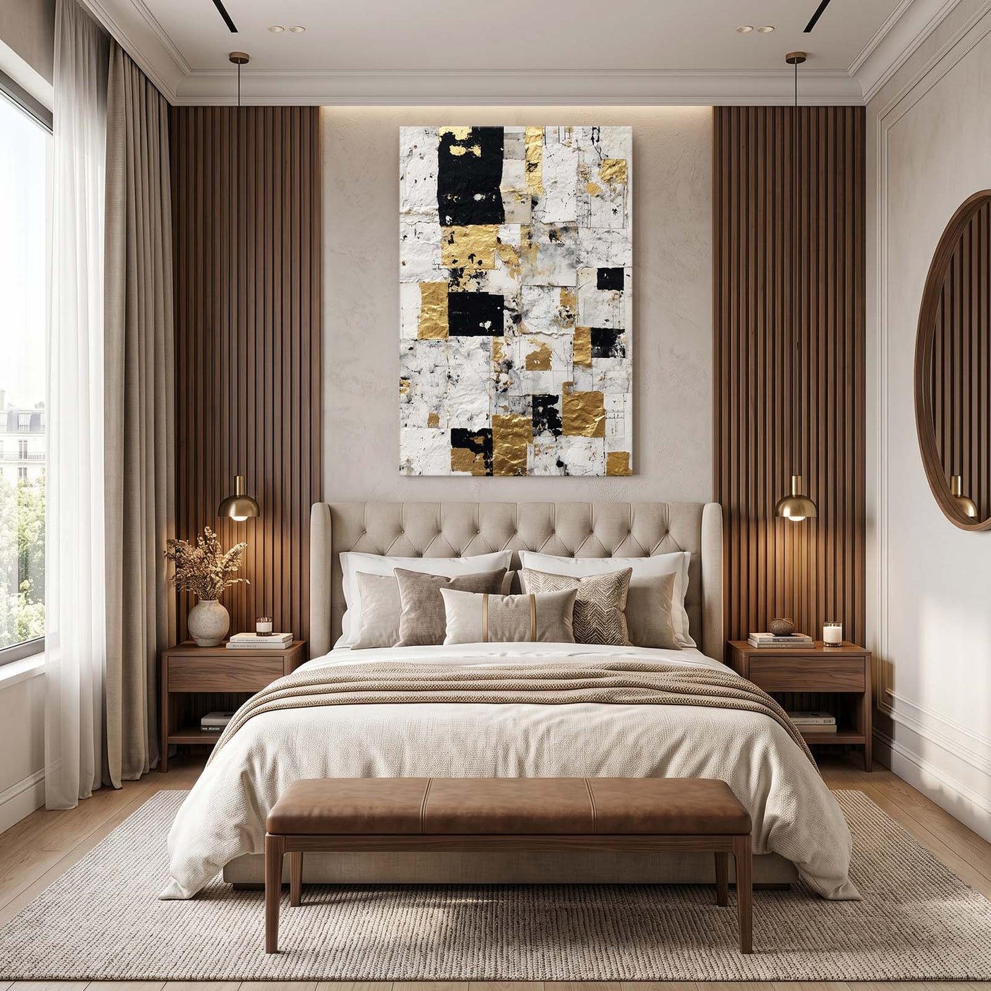 Gold Leaf Squares Chess Canvas Art – styled in a furnished interior