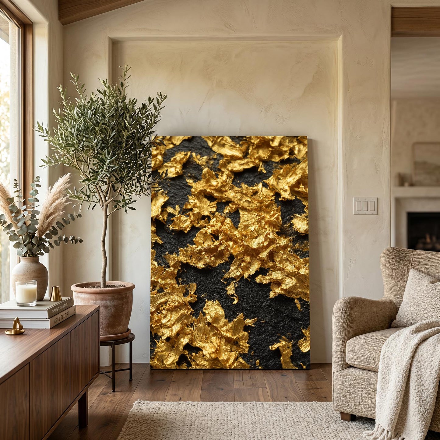 Gold Leaf Texture Wall Decor – styled in a furnished interior