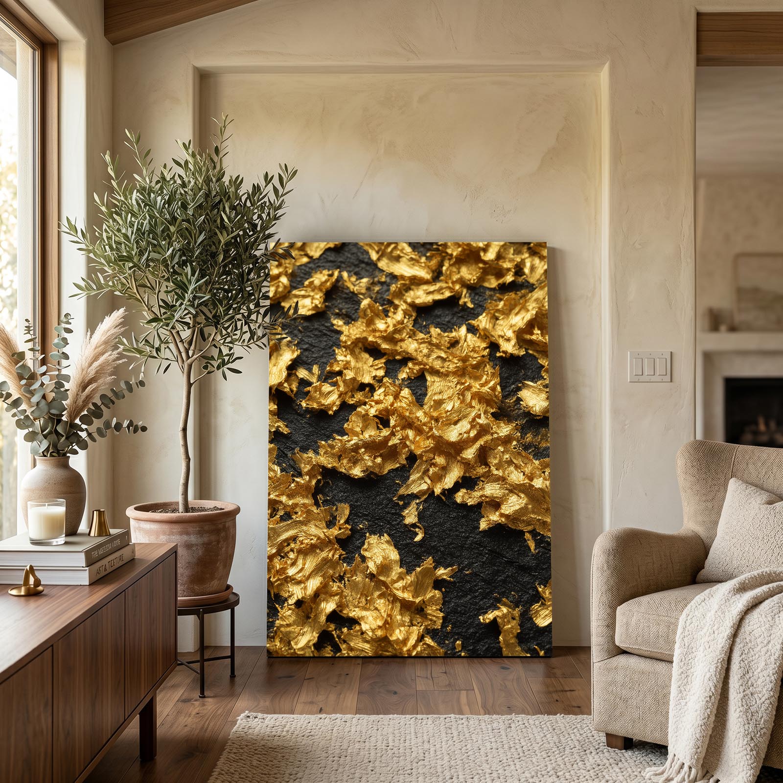 Gold Leaf Texture Wall Decor – styled in a furnished interior