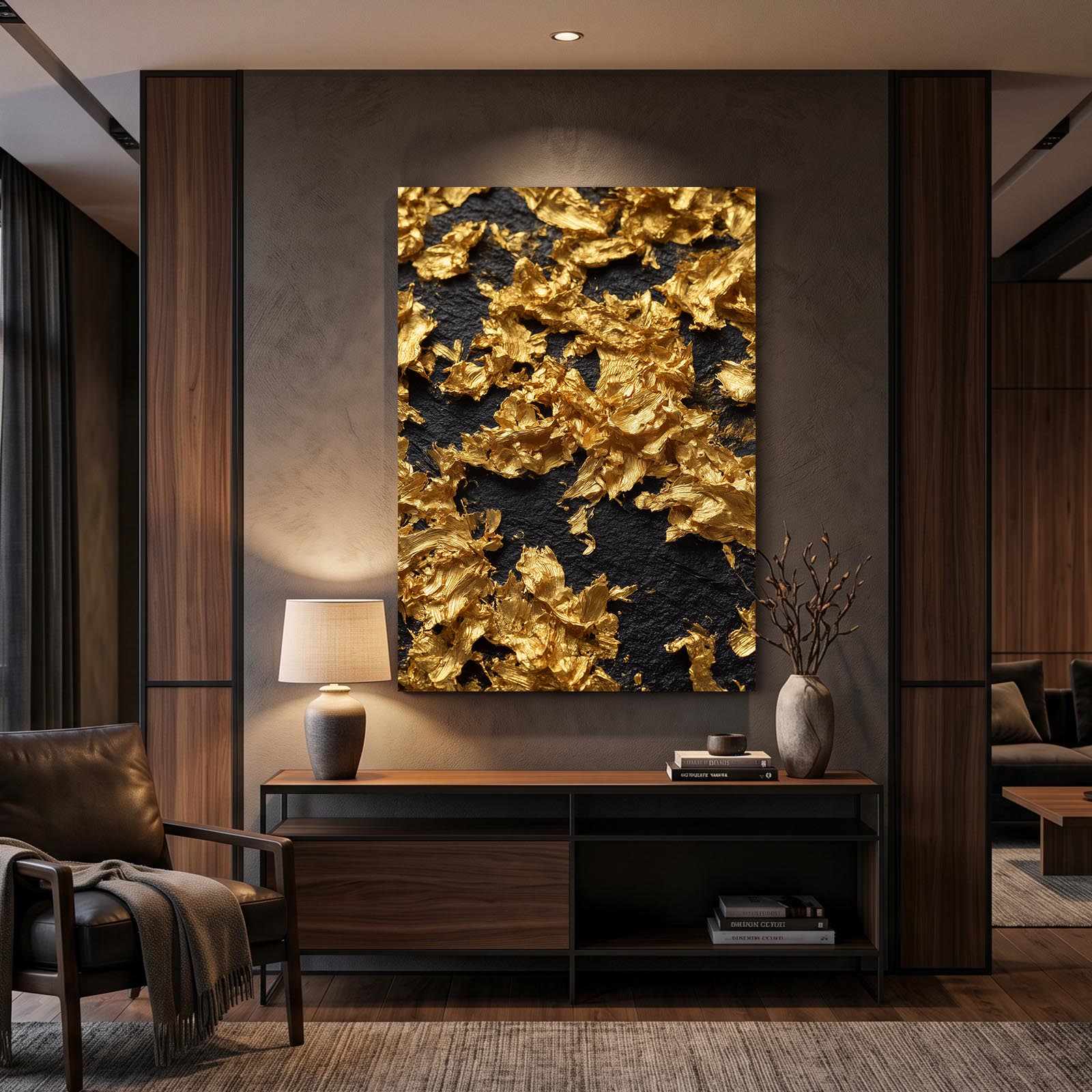 Gold Leaf Texture Wall Decor – styled in a furnished interior