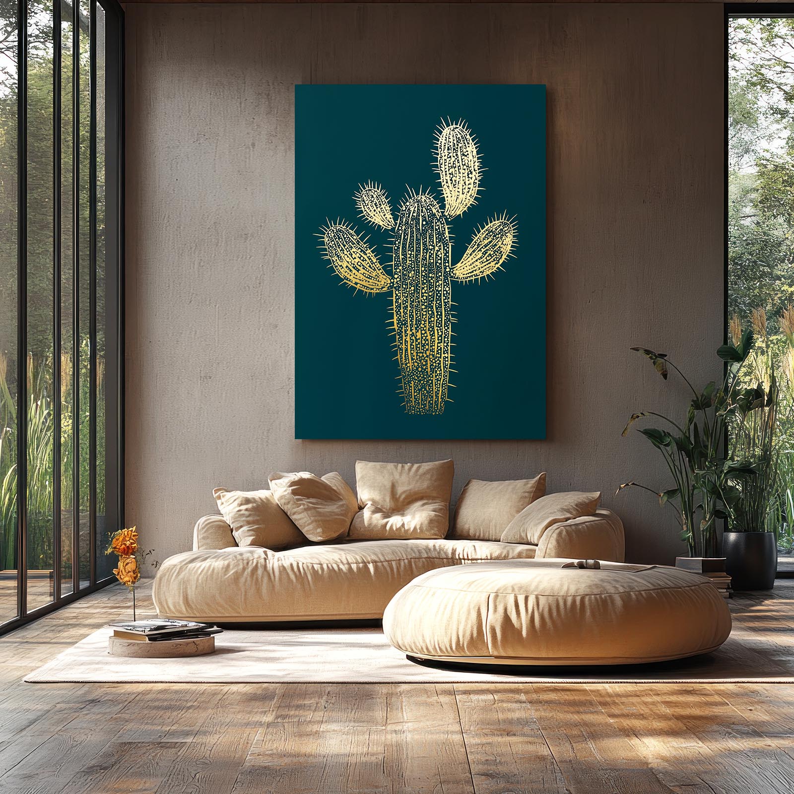 Gold Line Silhouette Cactus Canvas – styled in a furnished interior
