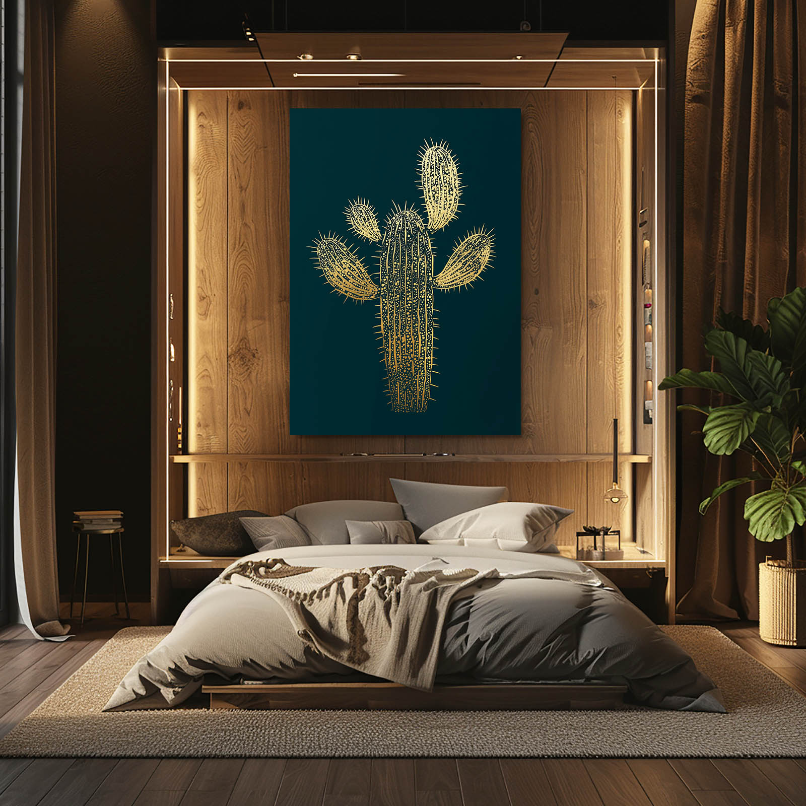 Gold Line Silhouette Cactus Canvas – styled in a furnished interior