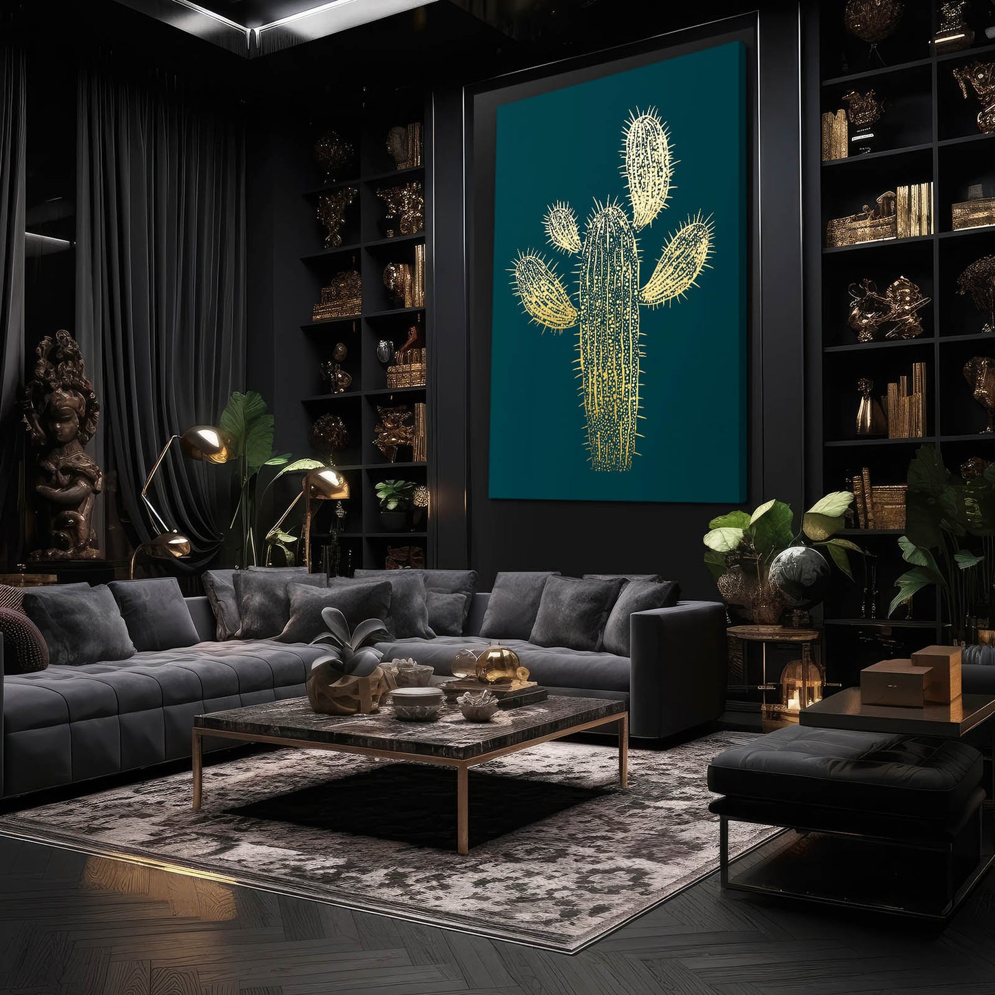Gold Line Silhouette Cactus Canvas – styled in a furnished interior