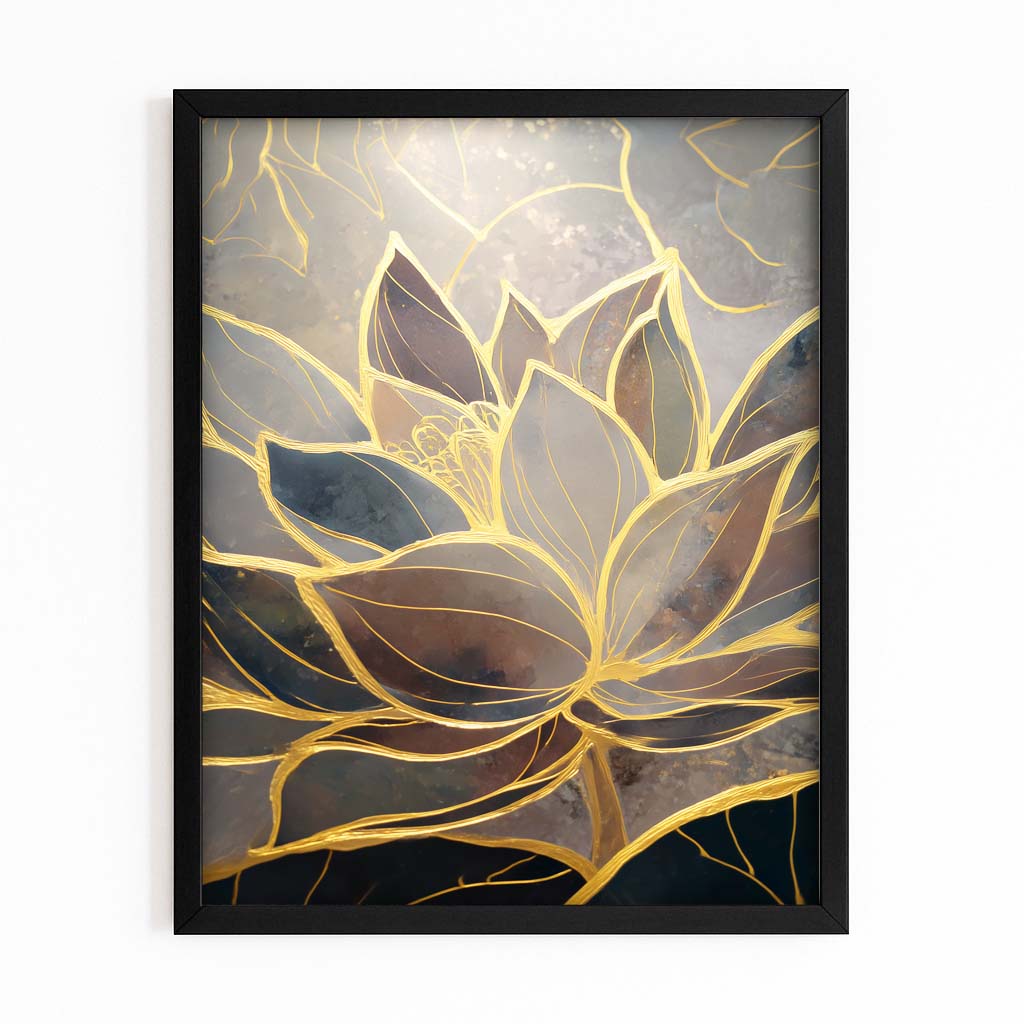 Gold Lotus Marble Wall Decor – with Premium Black frame on white background