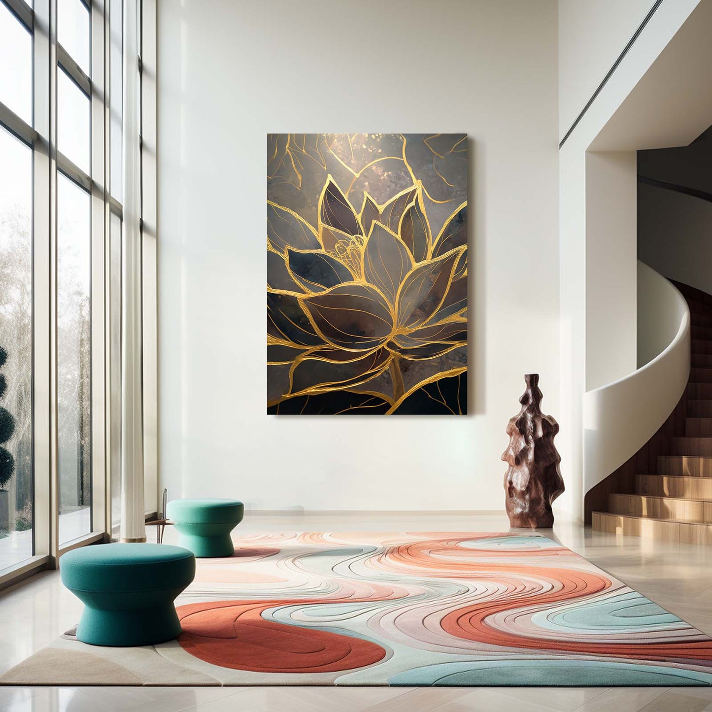 Gold Lotus Marble Wall Decor – styled in a furnished interior