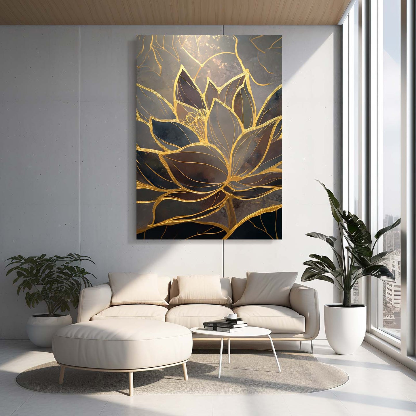 Gold Lotus Marble Wall Decor – styled in a furnished interior