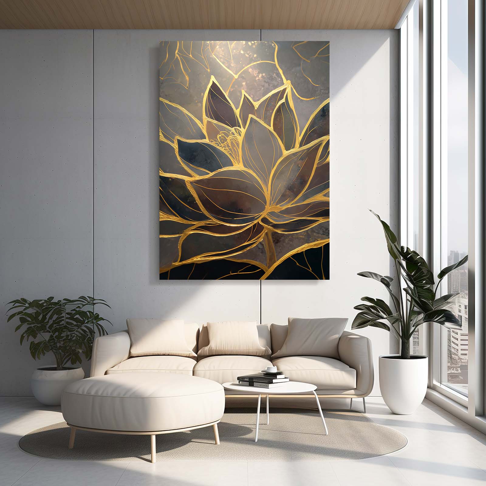 Gold Lotus Marble Wall Decor – styled in a furnished interior