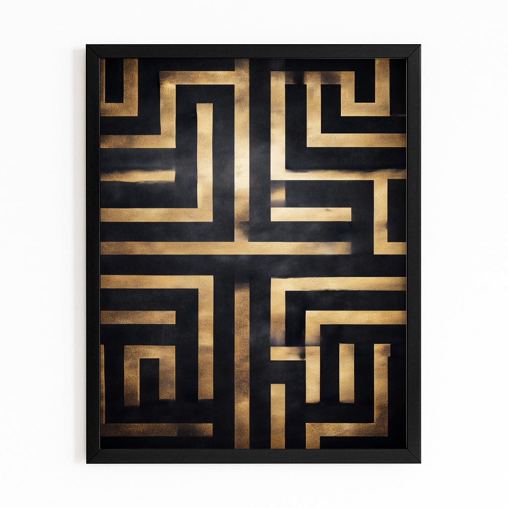 Gold Maze Pattern Art – with Premium Black frame on white background