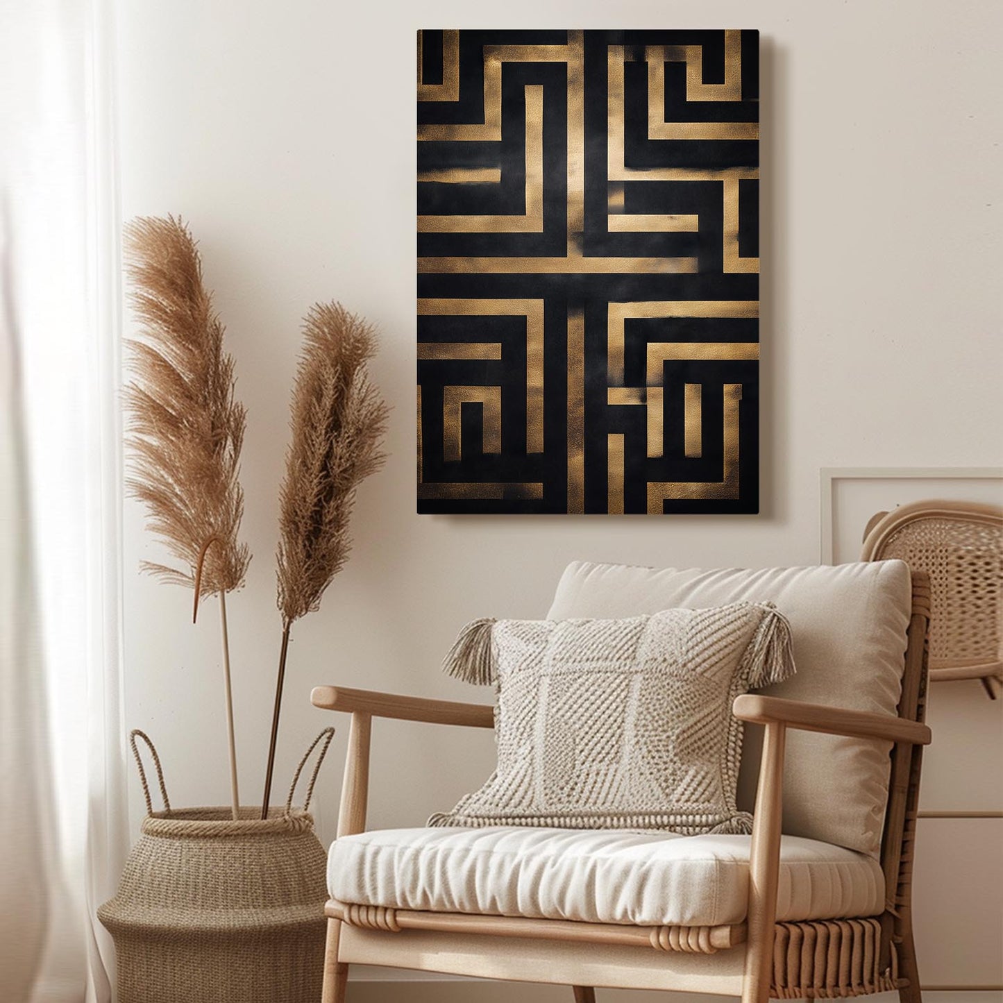 Gold Maze Pattern Art – styled in a furnished interior