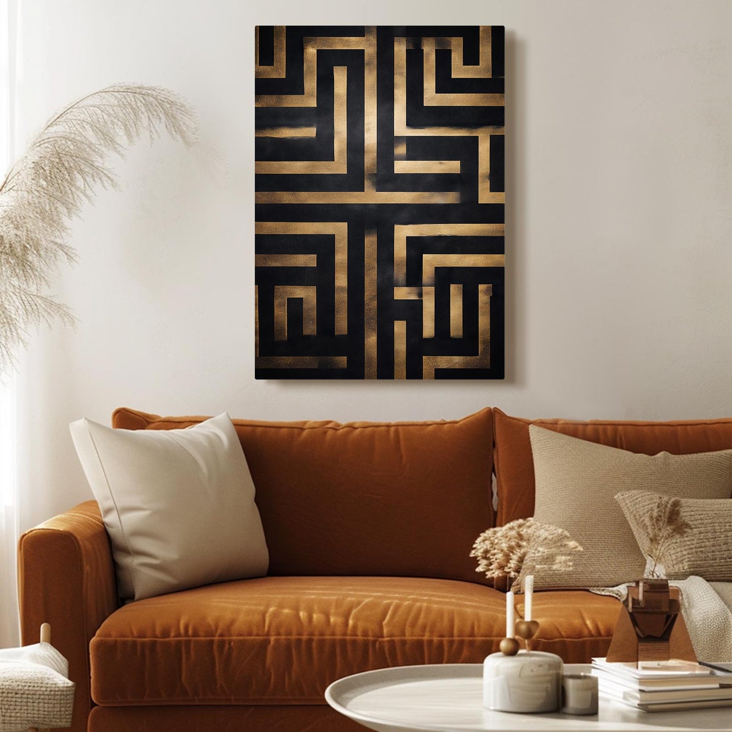 Gold Maze Pattern Art – styled in a furnished interior