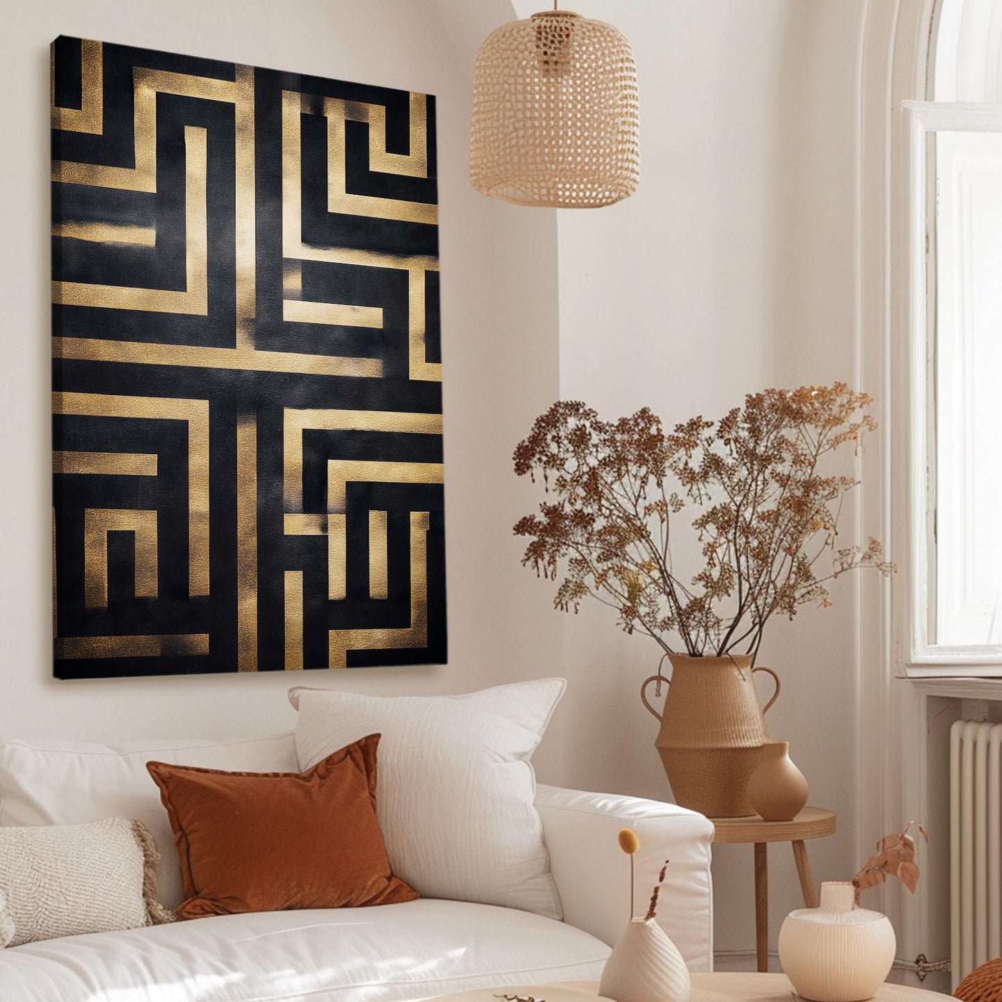 Gold Maze Pattern Art – styled in a furnished interior