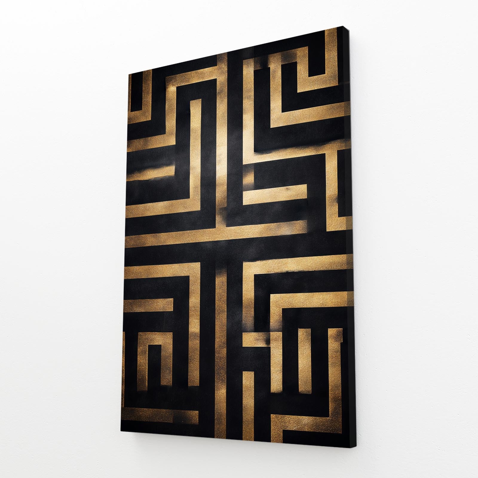 Gold Maze Pattern Art – angled canvas view on white background