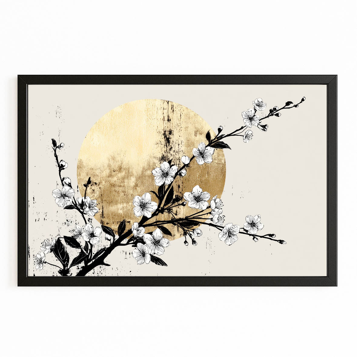 Gold Moon Branch Cherry Blossom Wall Art – with Premium Black frame on white background