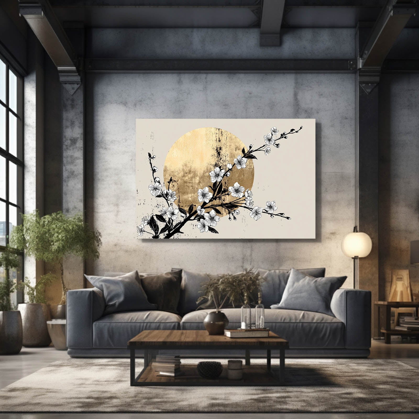 Gold Moon Branch Cherry Blossom Wall Art – styled in a furnished interior