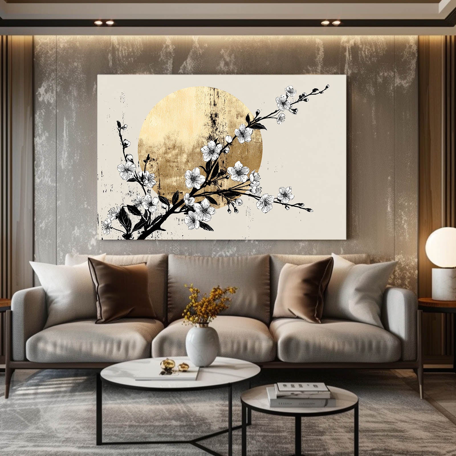 Gold Moon Branch Cherry Blossom Wall Art – styled in a furnished interior
