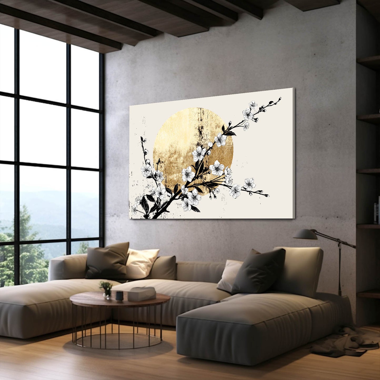 Gold Moon Branch Cherry Blossom Wall Art – styled in a furnished interior