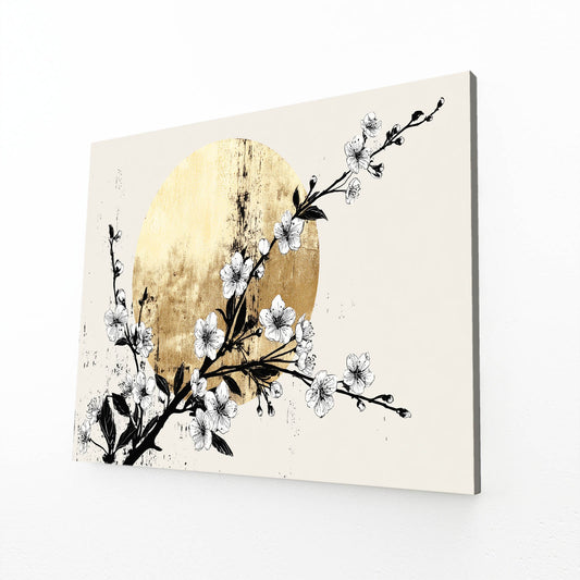 Gold Moon Branch Cherry Blossom Wall Art – angled canvas view on white background