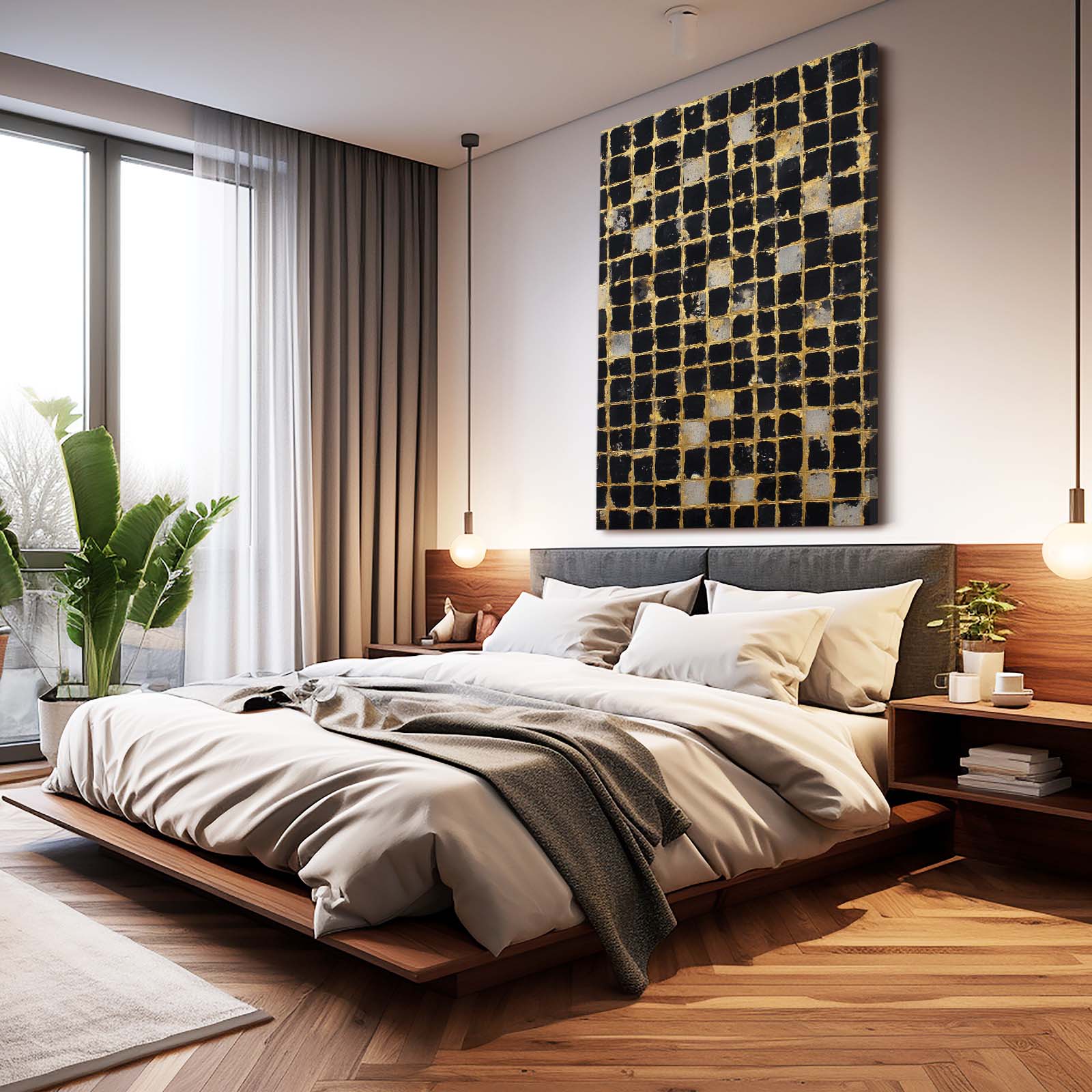 Gold Mosaic Grid Prints – styled in a furnished interior