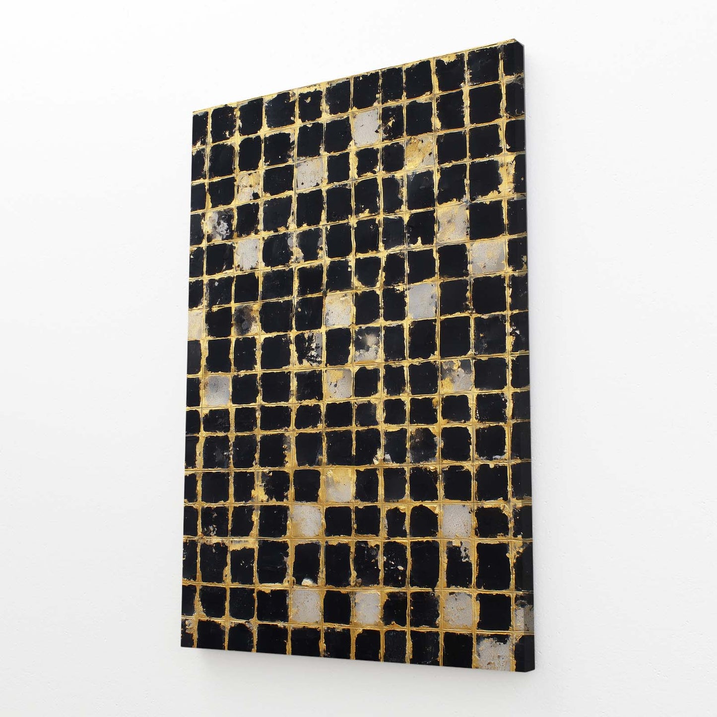 Gold Mosaic Grid Prints – angled canvas view on white background