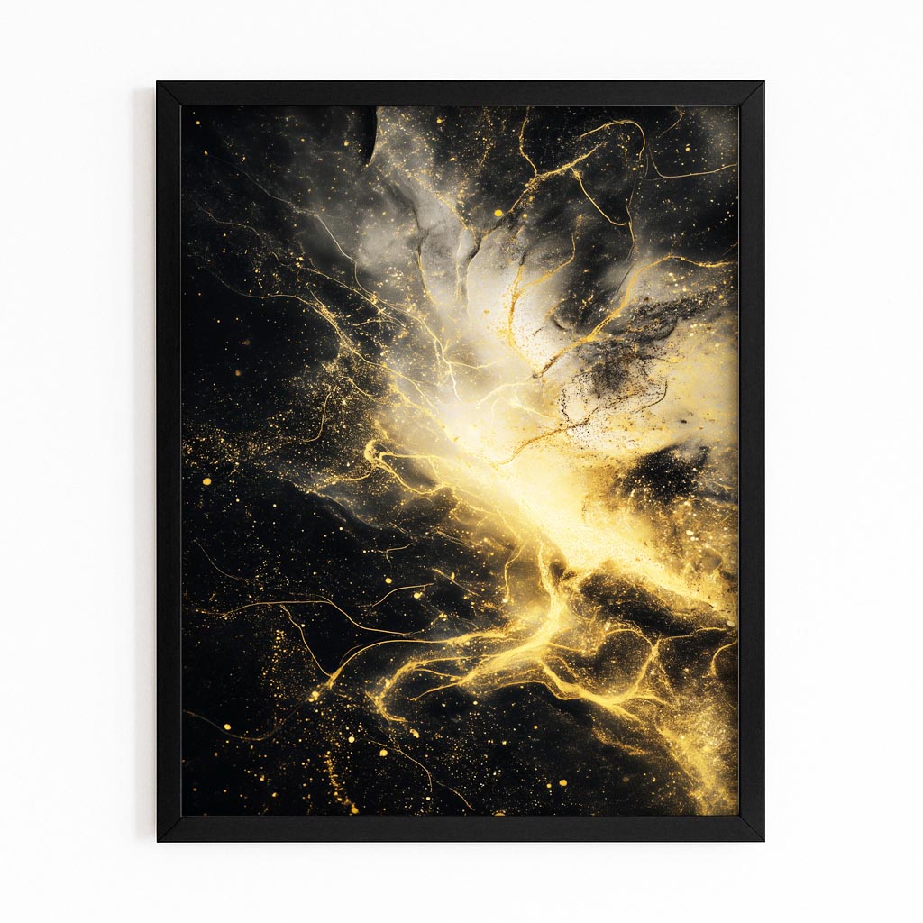 Gold Nebula Burst Art – with Premium Black frame on white background