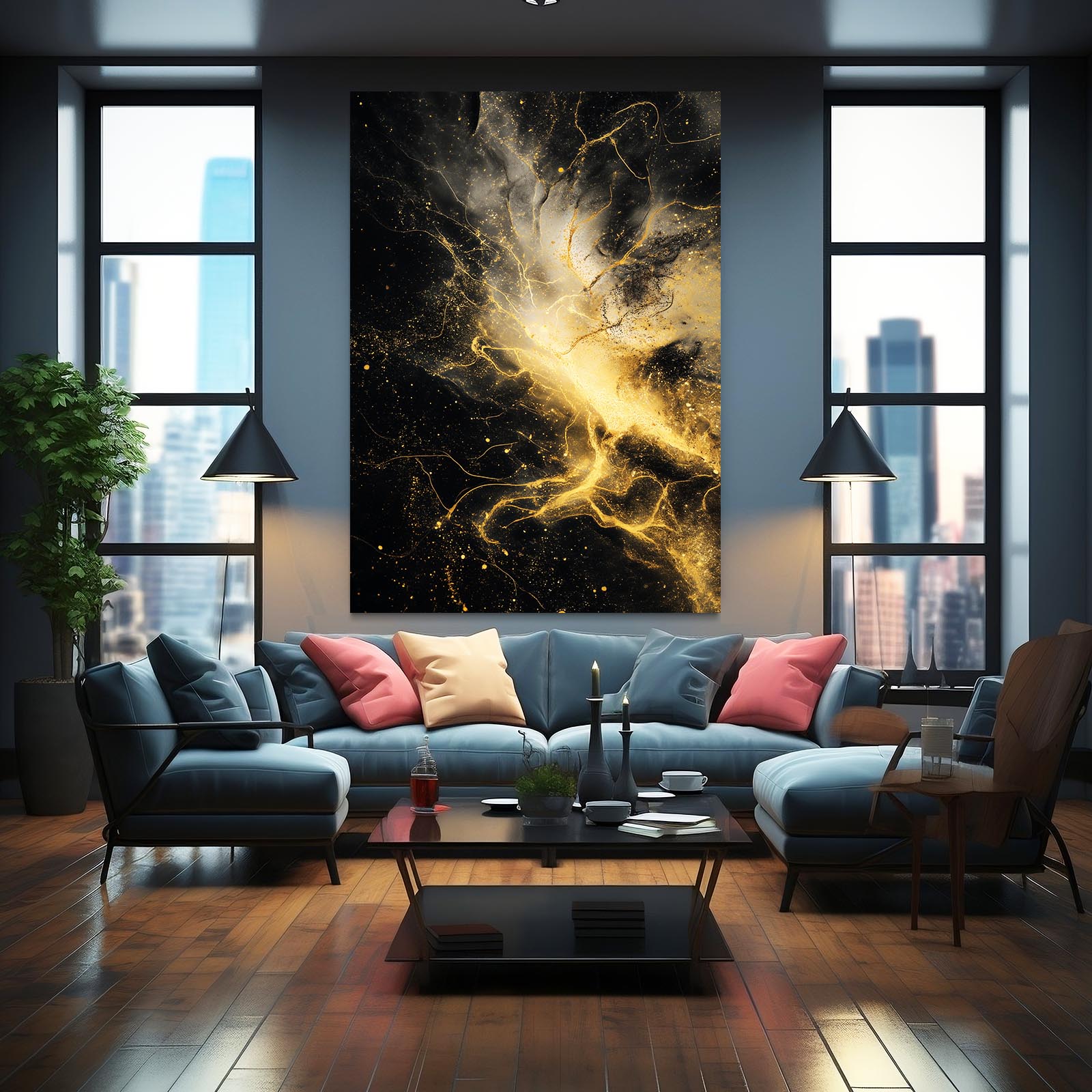 Gold Nebula Burst Art – styled in a furnished interior