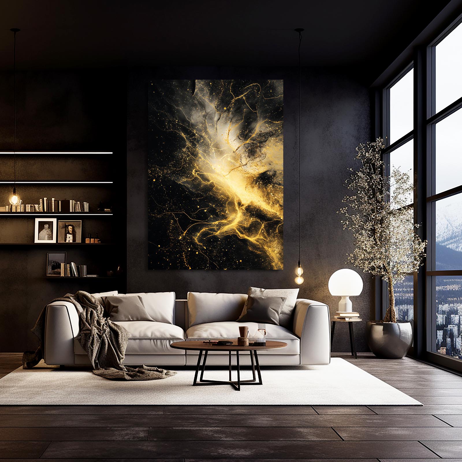 Gold Nebula Burst Art – styled in a furnished interior