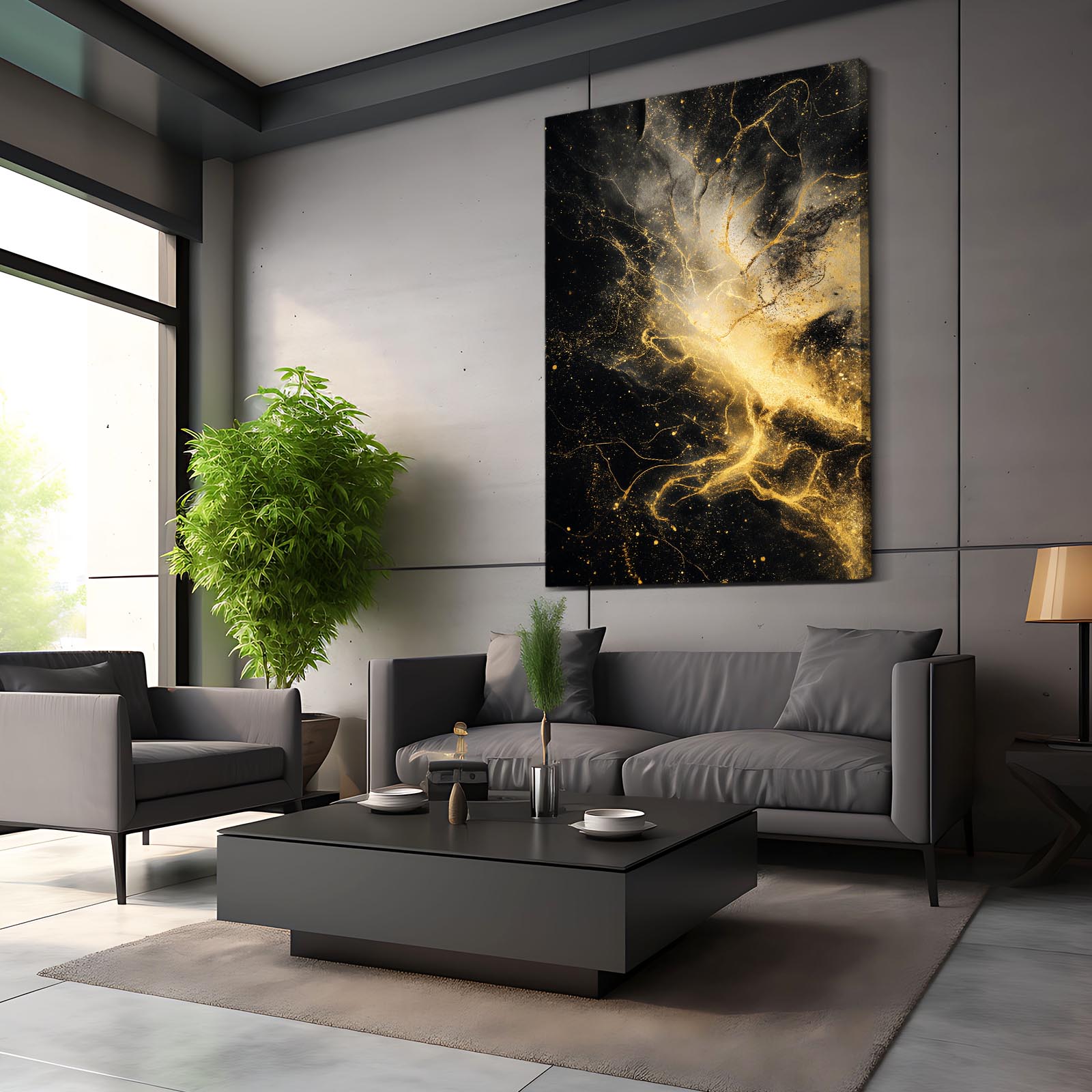 Gold Nebula Burst Art – styled in a furnished interior