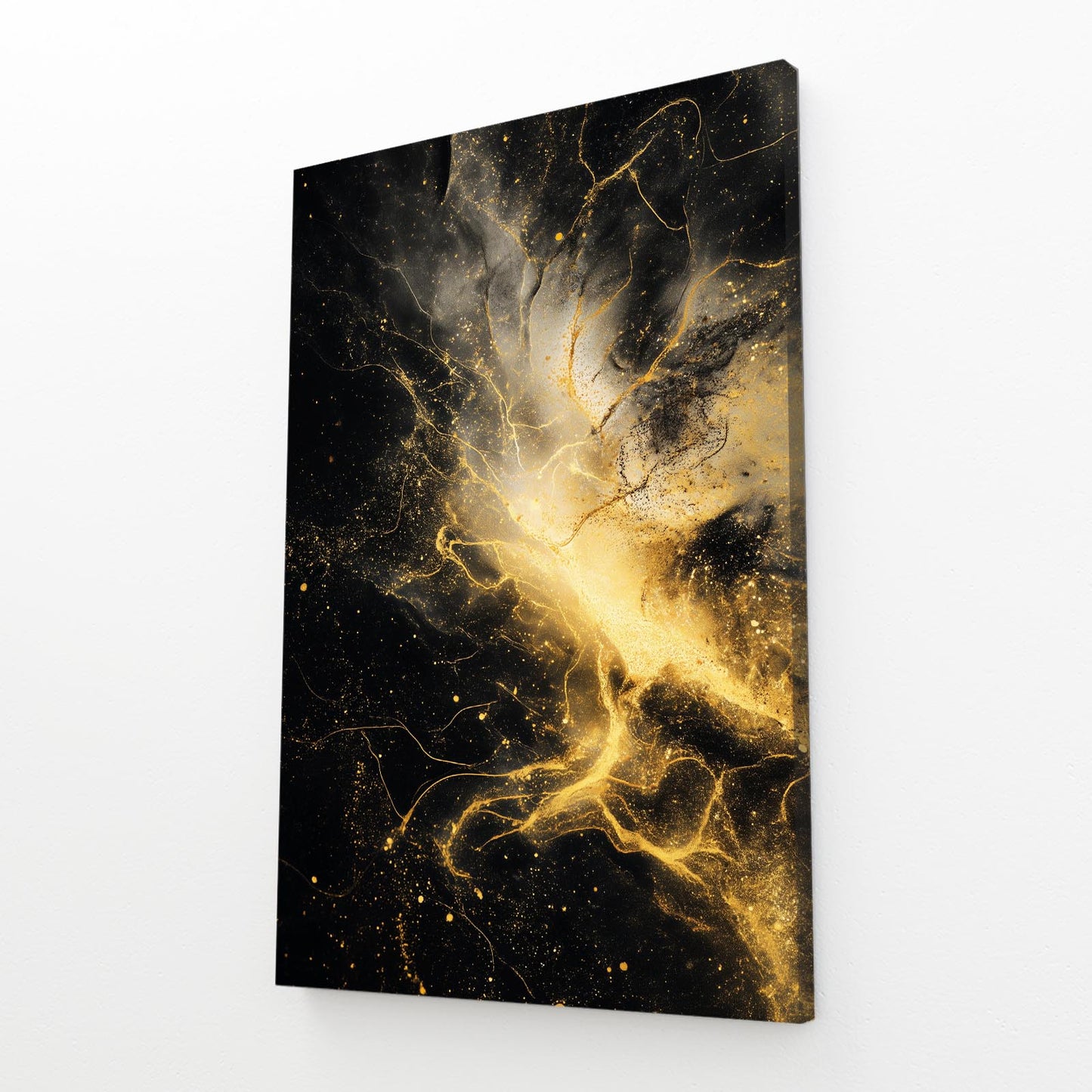 Gold Nebula Burst Art – angled canvas view on white background